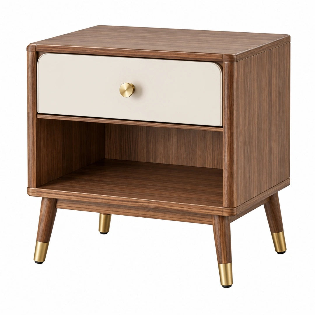 Nachttisch 50 x 40 x 60 cm Holzwerkstoff Walnuss Creme mit Schublade und offenem Fach Mid-Century-Stil