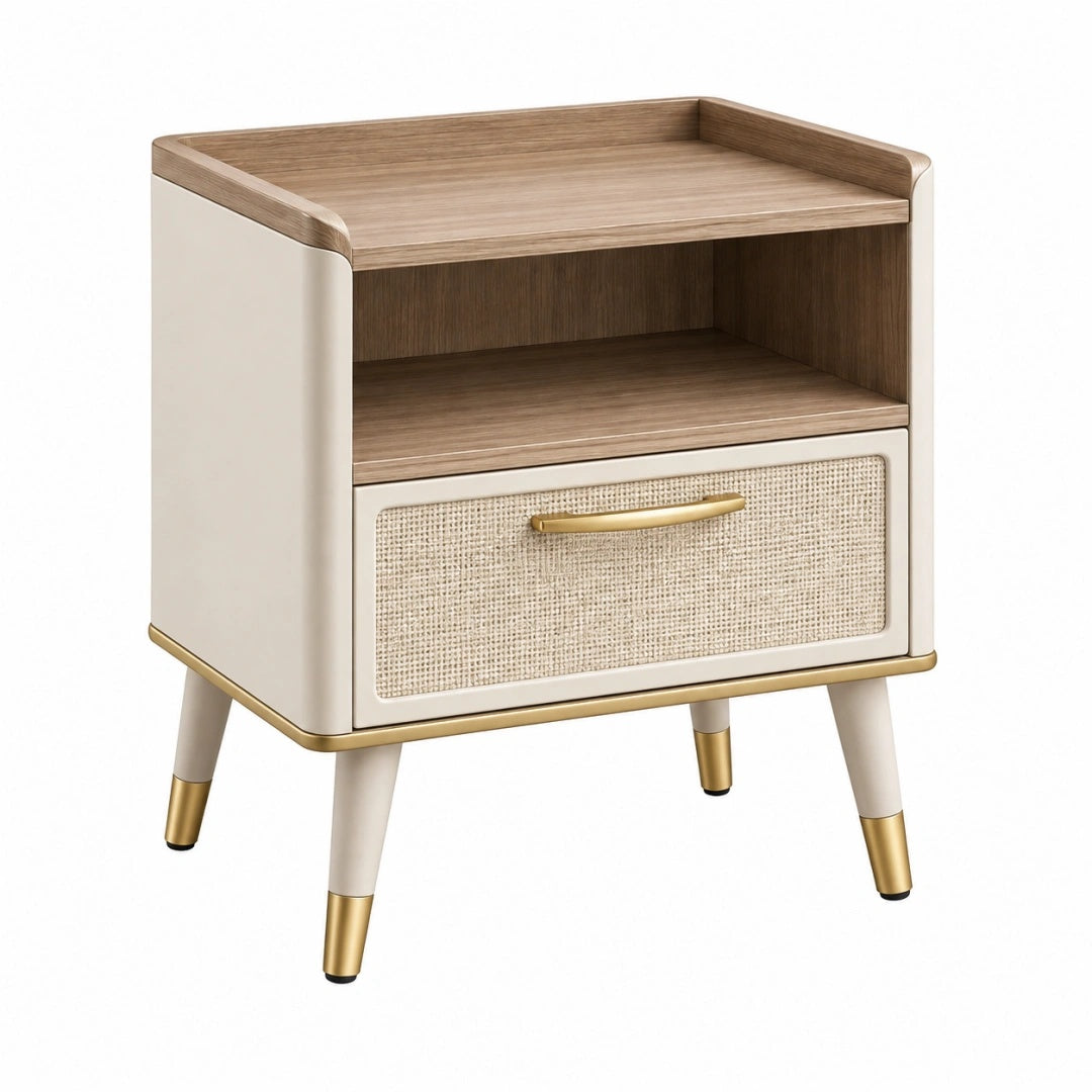 Nachttisch 45 x 40 x 60 cm aus Holzwerkstoff in Creme Natur und Gold mit Schublade
