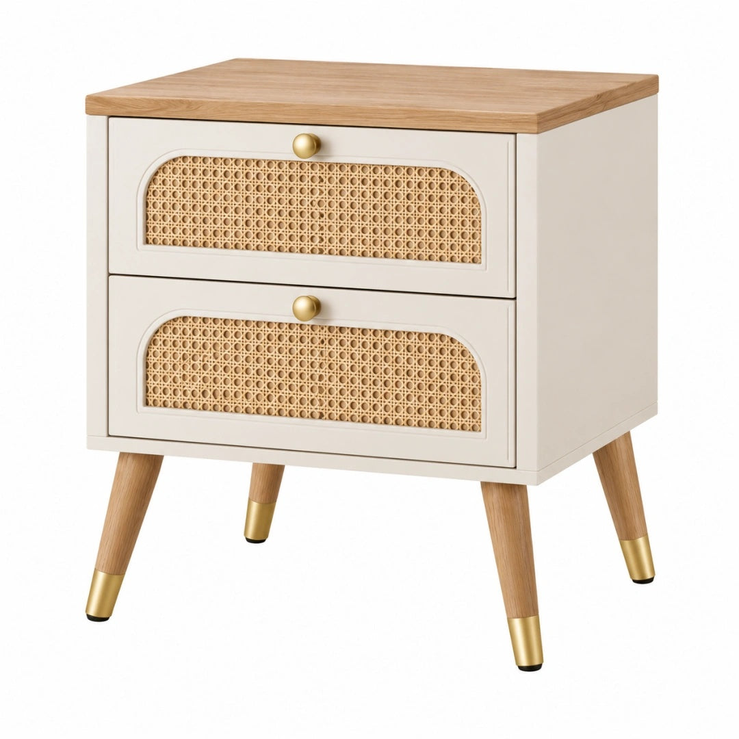 Nachttisch 45 x 40 x 55 cm Holz Rattan Weiß Natur mit 2 Schubladen skandinavischer Stil