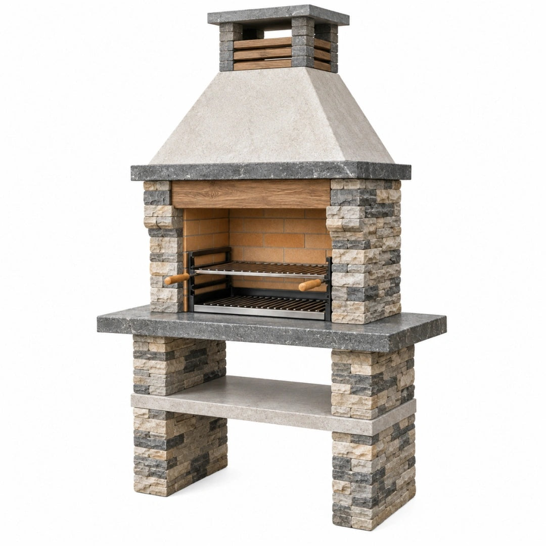 Gartenkamin Grill 120 x 75 x 220 cm aus Stein in Grau Beige mit Grillrost