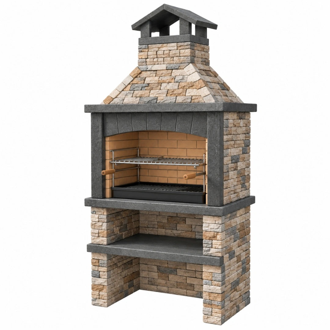 Gartengrill 120 x 70 x 220 cm Steinoptik mit Grillrost und Kamin