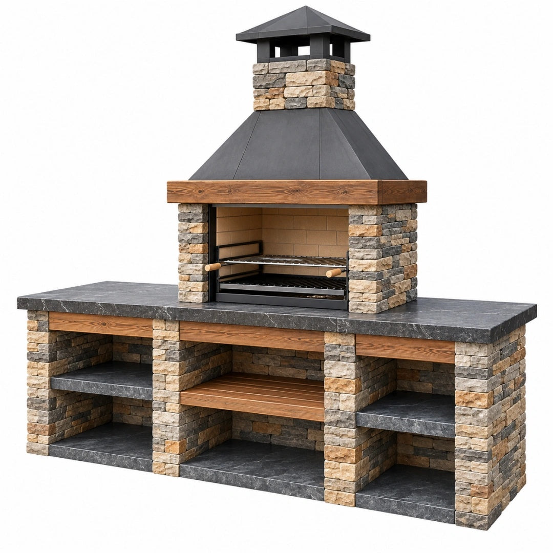 Gartengrill 250 x 80 x 280 cm Stein Holz Anthrazit mit Grillrost und Ablagen