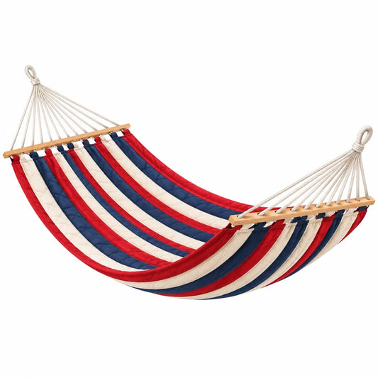 Hängematte 300 x 100 cm aus Baumwolle Rot Blau Creme gestreift für Garten und Balkon