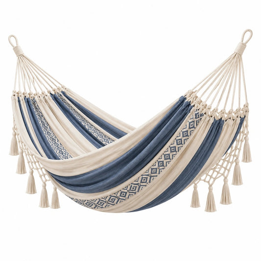 Hängematte 200 x 100 cm Baumwolle Blau Creme mit Fransen für Garten und Balkon