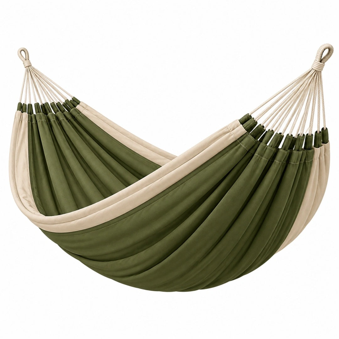 Hängematte 300 x 150 cm aus Baumwollgewebe Olivgrün Beige für Garten im Boho-Stil