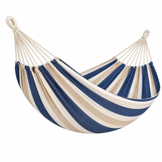 Hängematte 200 x 100 cm Baumwollgewebe Blau Beige Weiß gestreift für Garten