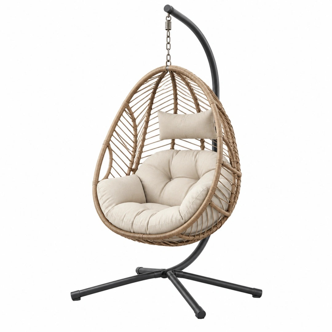 Hängesessel 105 x 105 x 195 cm in Beige Schwarz mit Flechtkorb und Stahlgestell für Innenbereiche