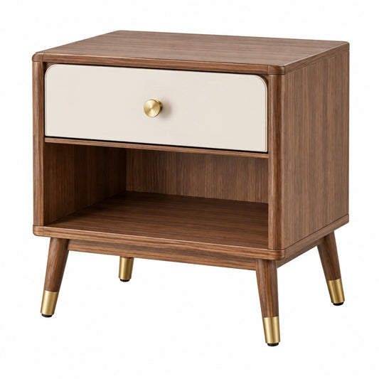 Nachttisch 50 x 40 x 60 cm Holzwerkstoff Walnuss Creme mit Schublade und offenem Fach Mid-Century-Stil