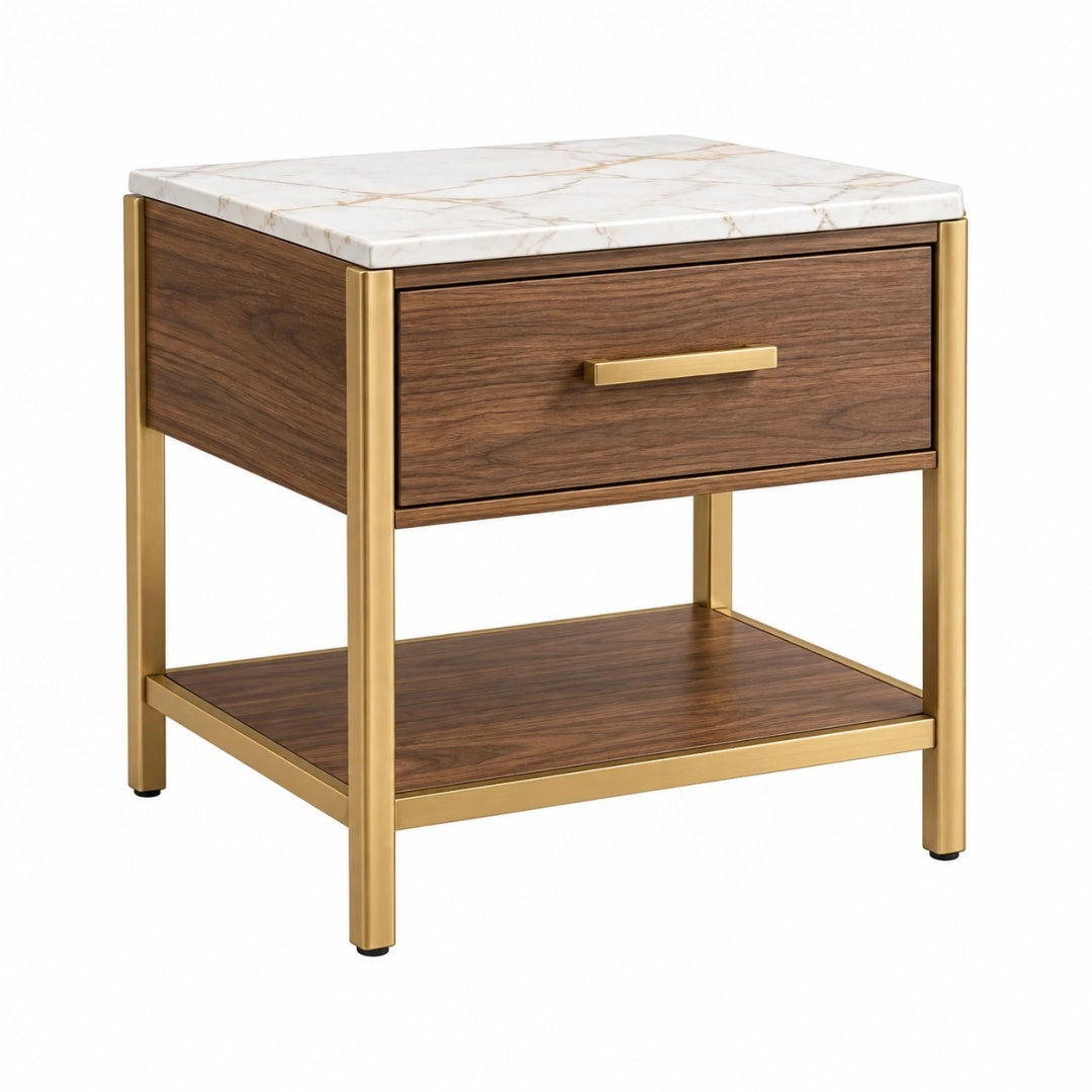 Nachttisch 50 x 40 x 60 cm Holzwerkstoff Braun mit Marmoroptik und Metallgestell Gold Modern