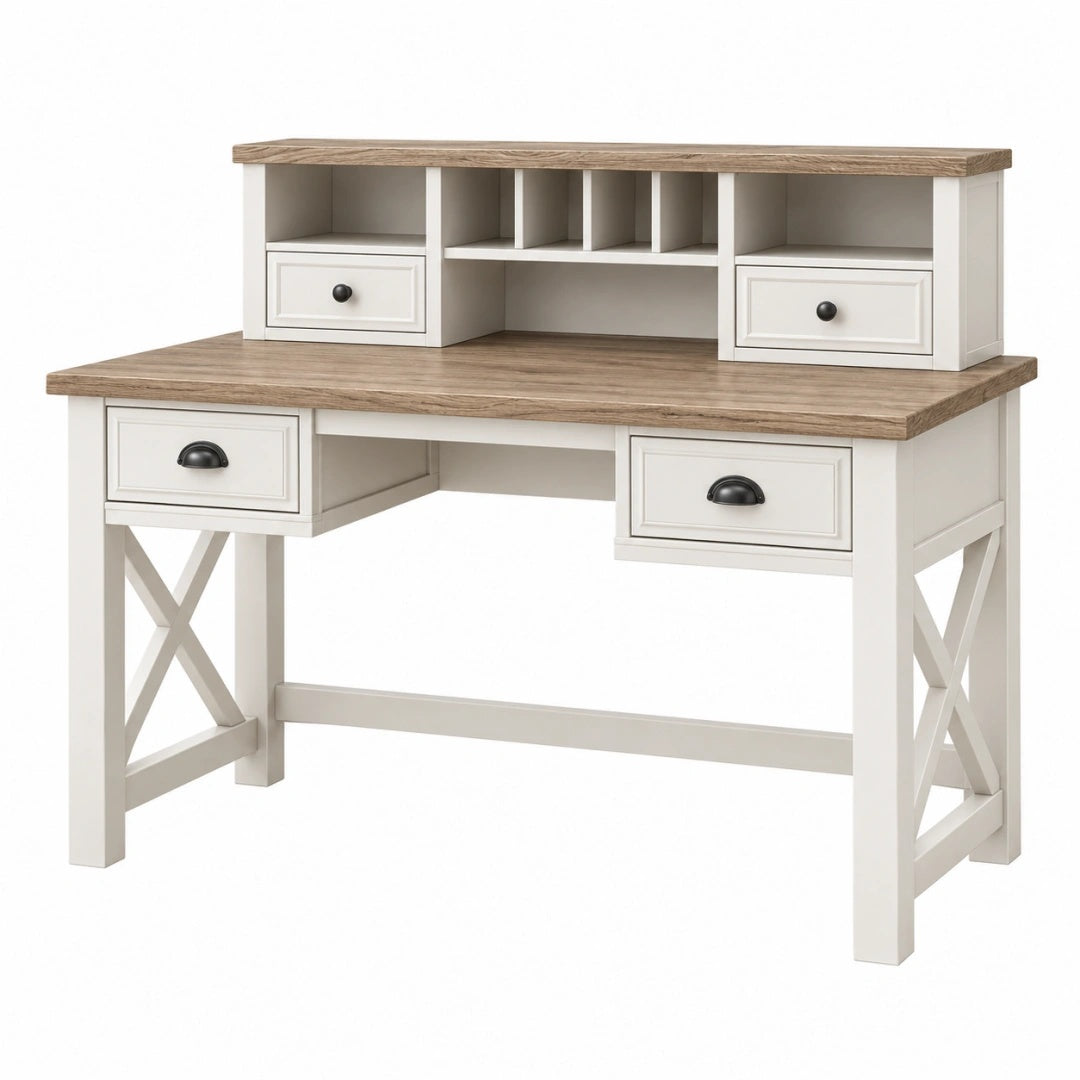 Schreibtisch 120 x 60 x 105 cm Holzwerkstoff Weiß Eichefarben Landhausstil mit Aufsatz und Schubladen