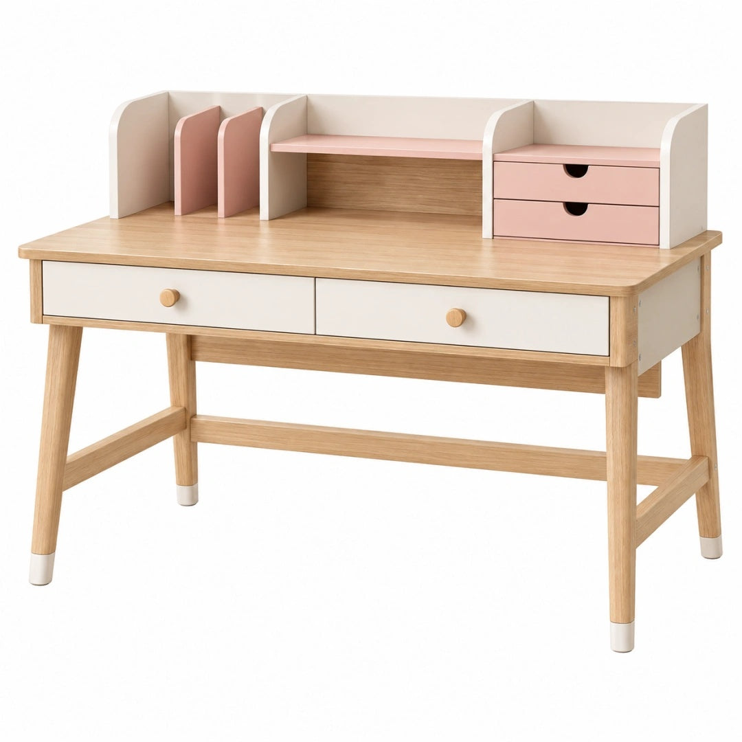 Kinderschreibtisch 120 x 60 x 110 cm aus Holz Naturweißrosa mit Schubladen und Aufsatz