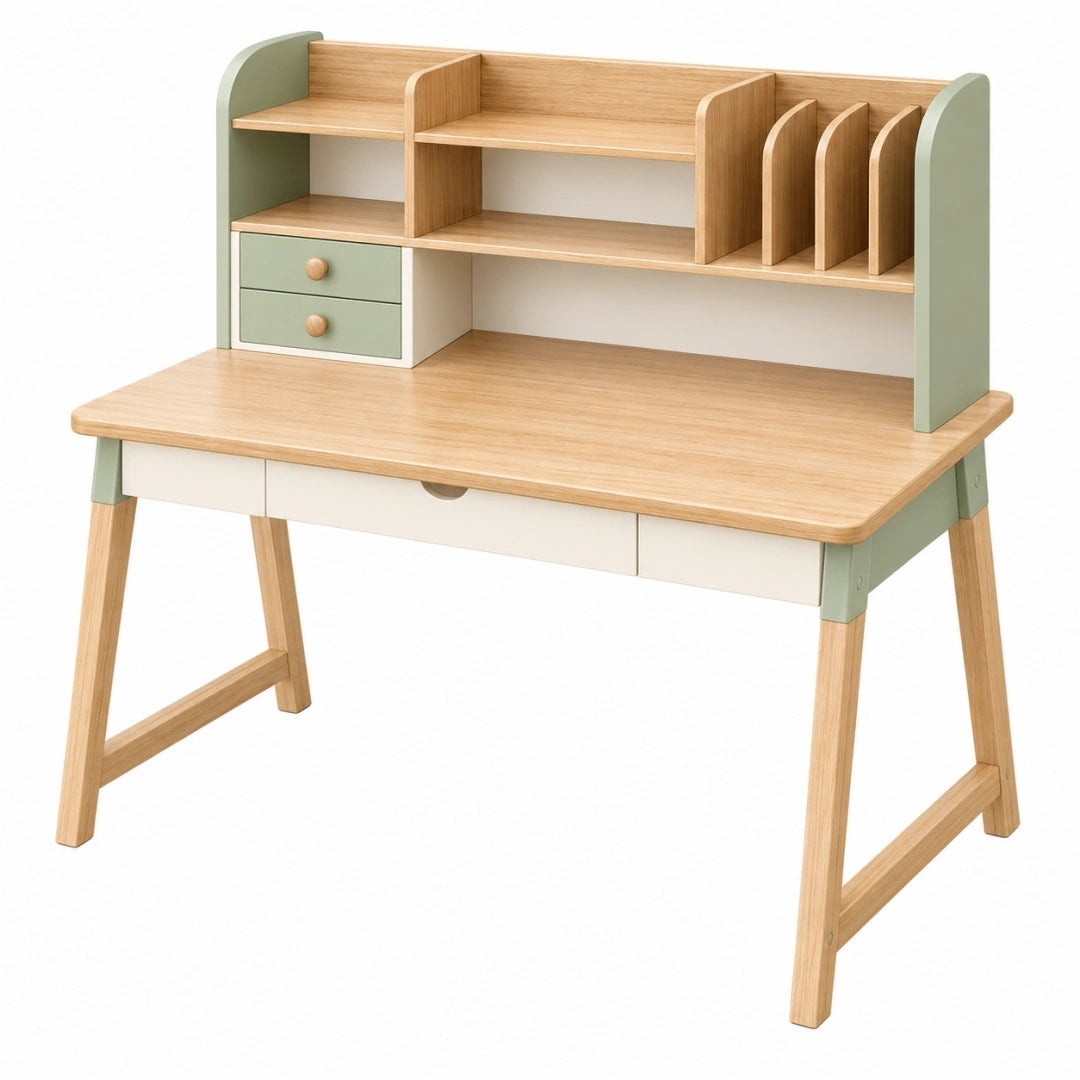 Kinderschreibtisch 100 x 60 x 110 cm Holz Natur/Salbeigrün mit Regal und Schubladen