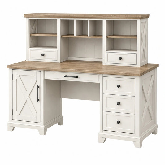 Schreibtisch 150 x 60 x 150 cm in Weiß/Holzoptik mit Stauraum im Landhausstil