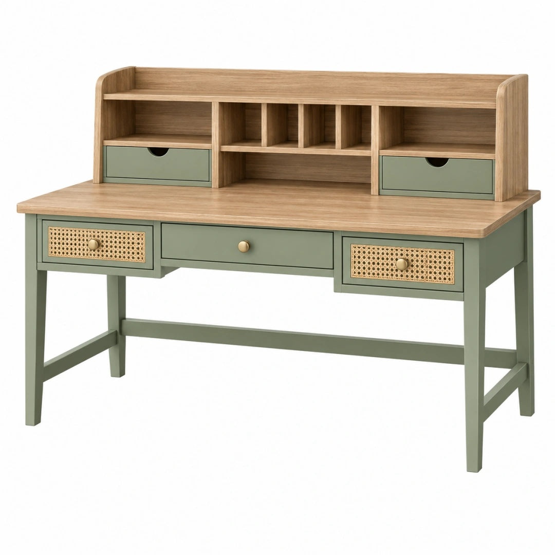 Schreibtisch 120 x 60 x 110 cm aus Holzwerkstoff in Naturholz/Salbeigrün mit Aufsatz und Schubladen