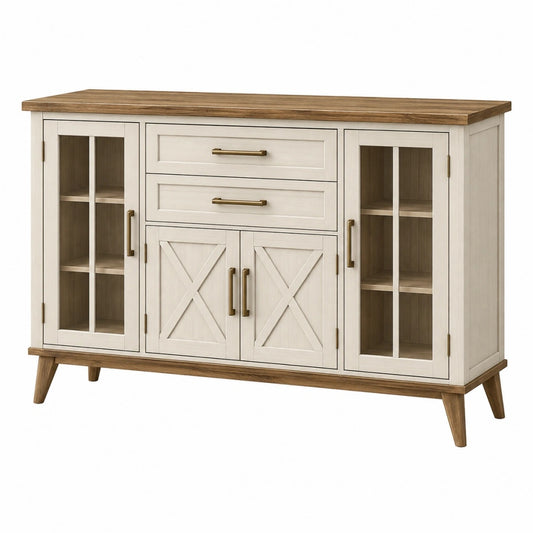 Sideboard 160 x 45 x 95 cm aus Holz und Glas in Creme/Braun mit Stauraum im Landhausstil