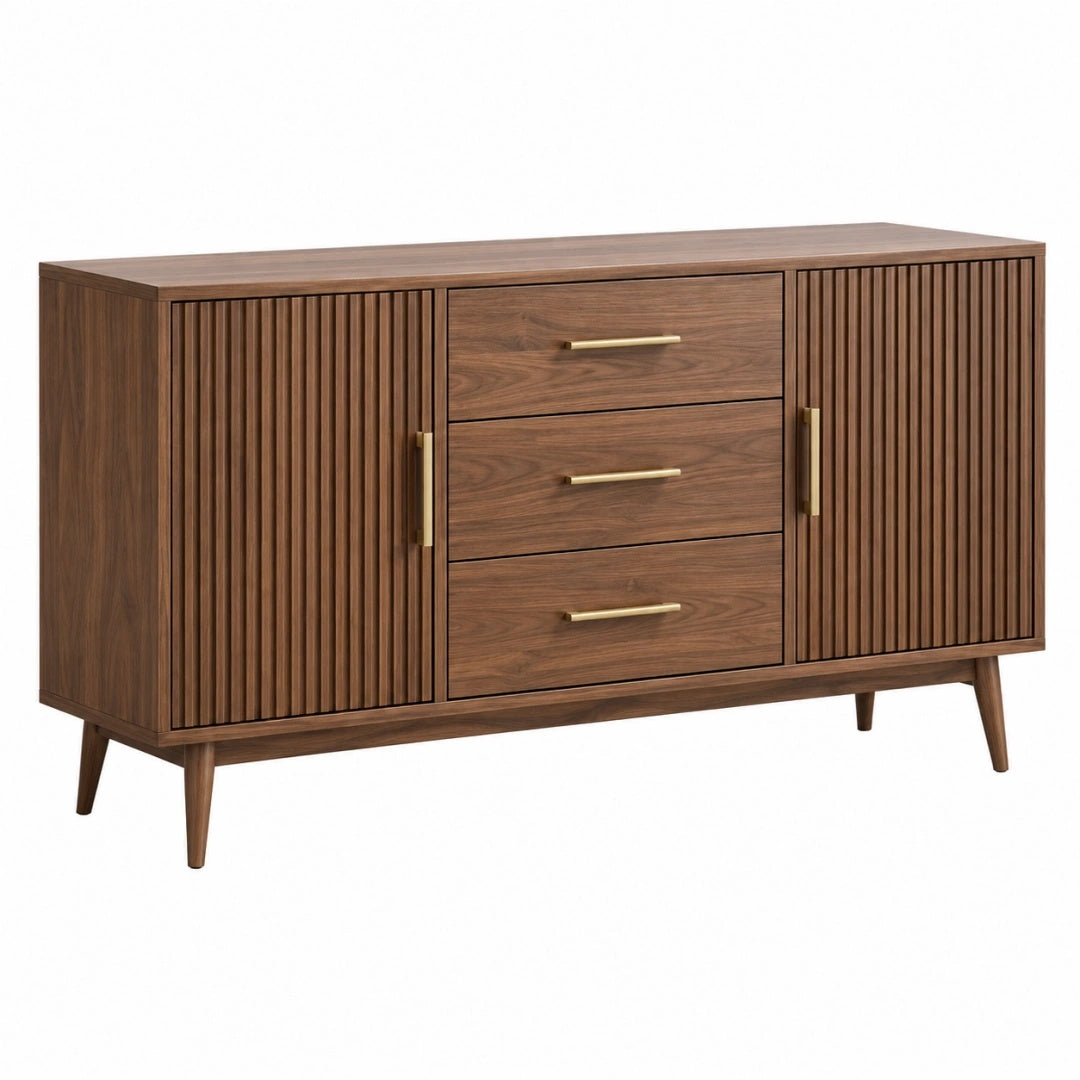 Sideboard 160 x 40 x 85 cm Holzwerkstoff Walnussbraun mit Rillenfronten Mid-Century-Stil